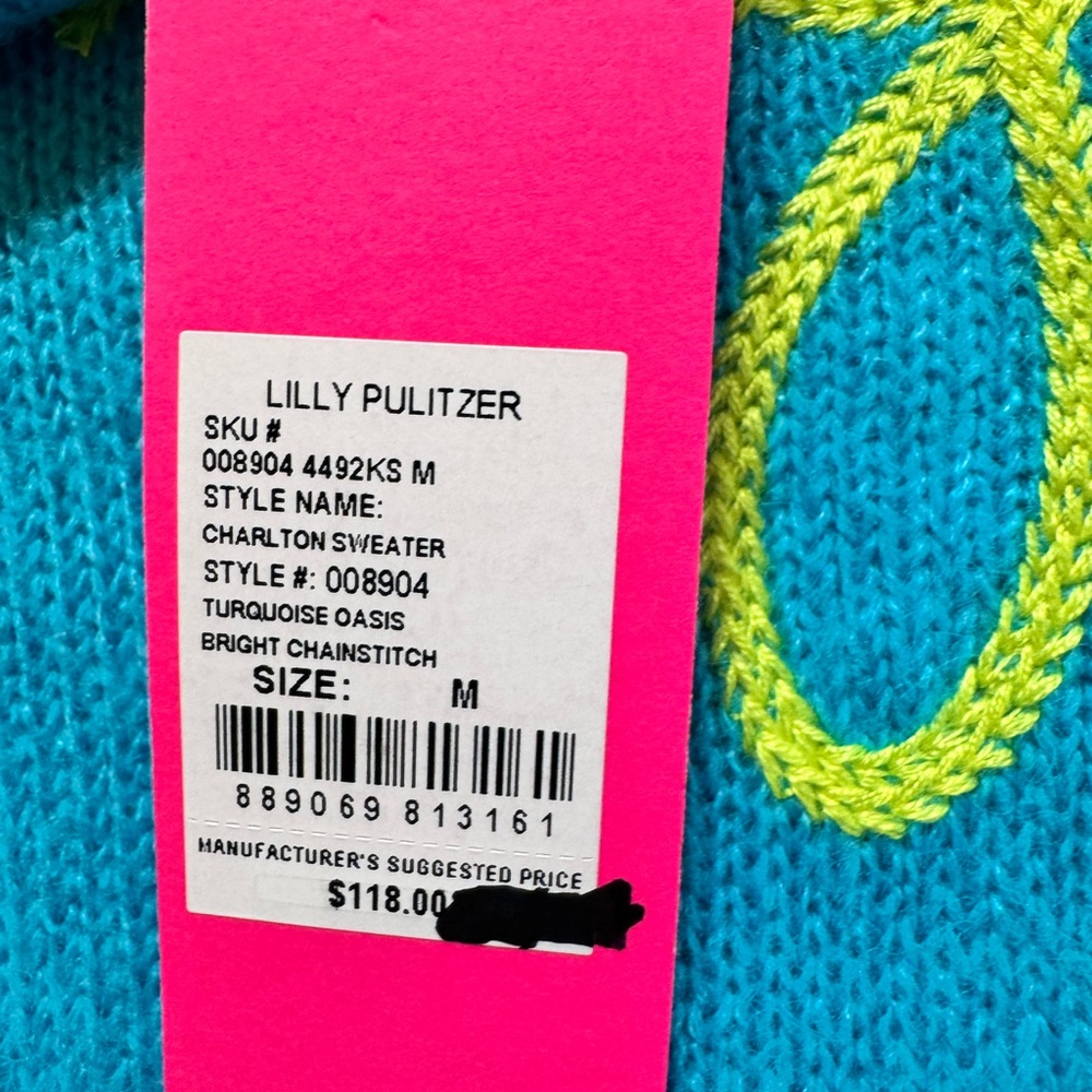 Lilly Pulitzer Turquoise Charlton Crewneck Sweater with Yellow Bright Sz M NWT - Picture 8 of 9
